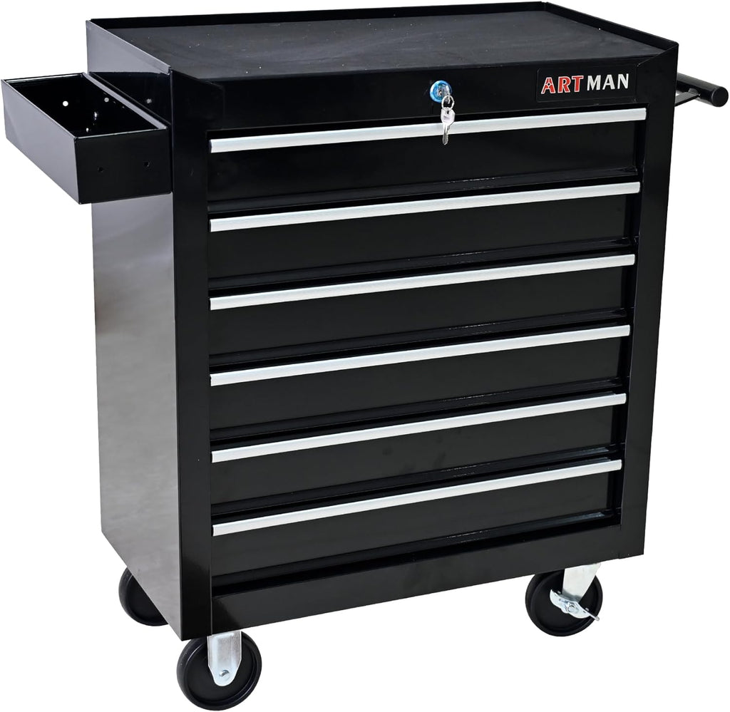 6-Drawer Tool Cart on Wheels, Drawers Rolling Tool Chest with Key Lock, Mobile Trolley Organizer Tools Box with Locking Wheels & Ball Bearing Drawers for Garage,Warehouse,Repair Shop (Black)