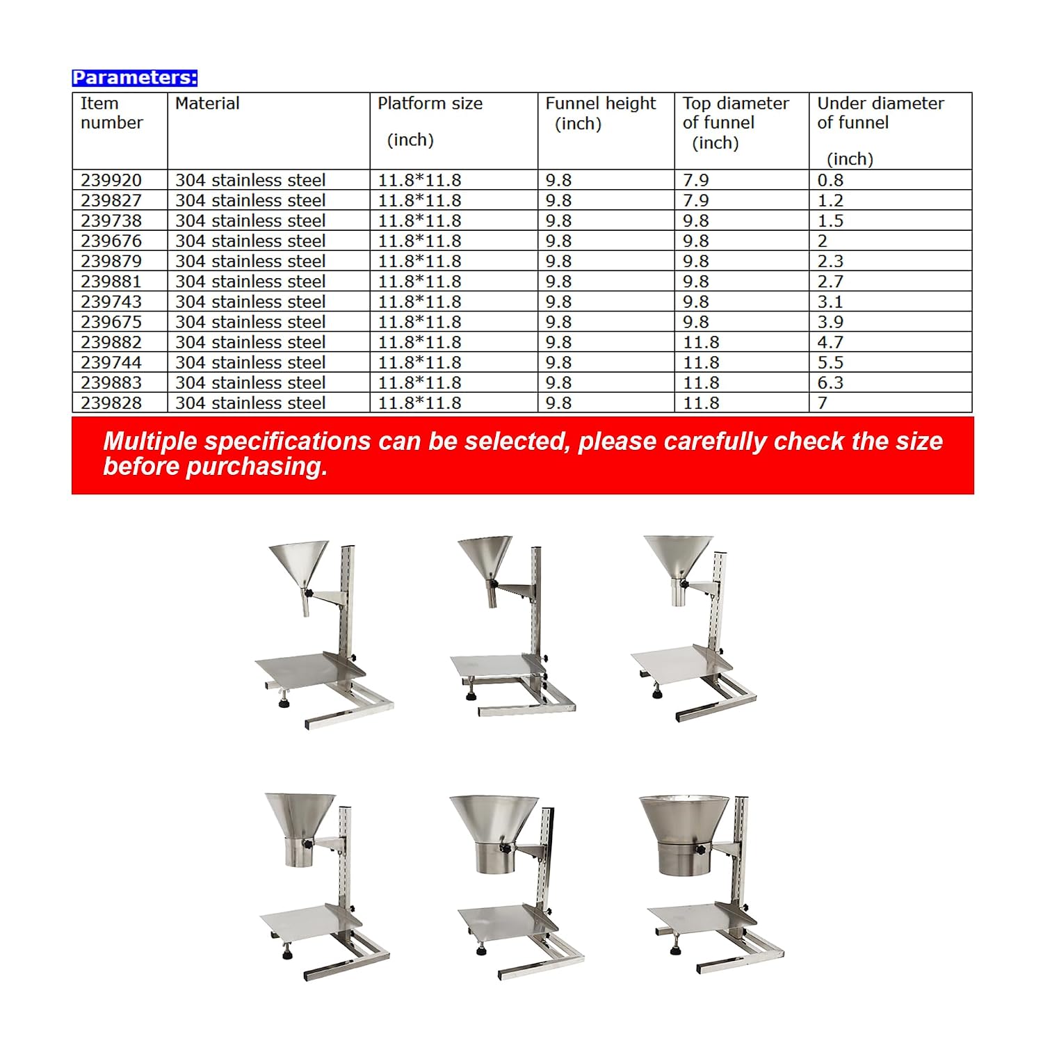 3.1inch Stainless Steel Feeding Hopper with Support Stand Manual Filling Package Funnel for Filling Powder Paste Liquid Granule