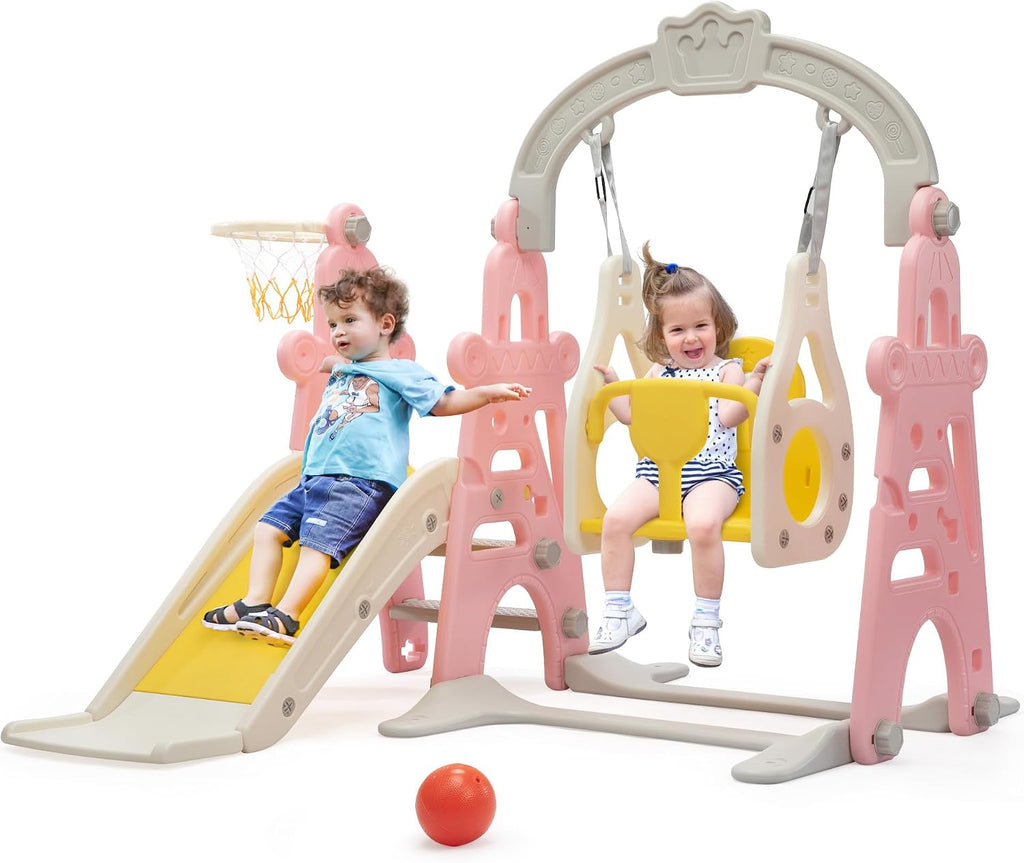 3-in-1 Kids Slide for Toddlers Slide and Swing Set,Indoor Playground for Children,Freestanding Outdoor Slides with Basketball Hoop,Outside Climber Playhouses,Baby Climbing Toys