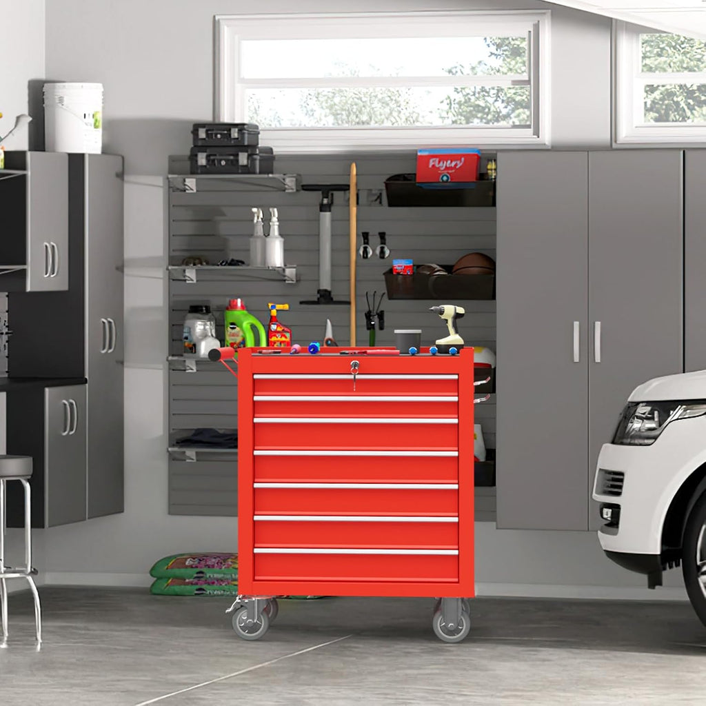 7-Drawer Rolling Tool Chest with Wheels, Tool Box with Locking System and Sliding Drawers, Tool Box Organizer for Garage, Warehouse, Workshop(Red)