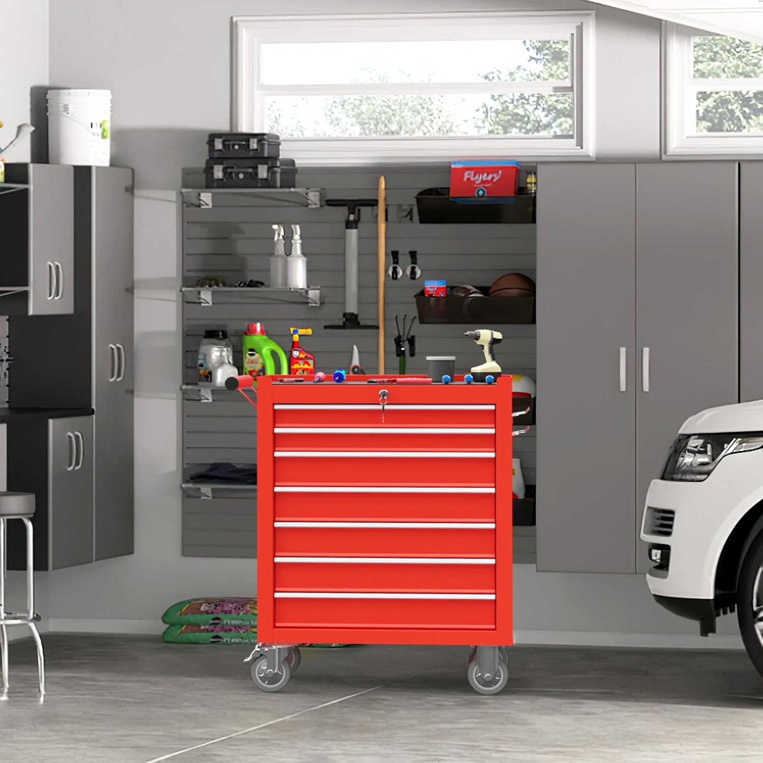 7-Drawer Rolling Tool Chest with Wheels, Tool Box with Locking System and Sliding Drawers, Tool Box Organizer for Garage, Warehouse, Workshop(Red)