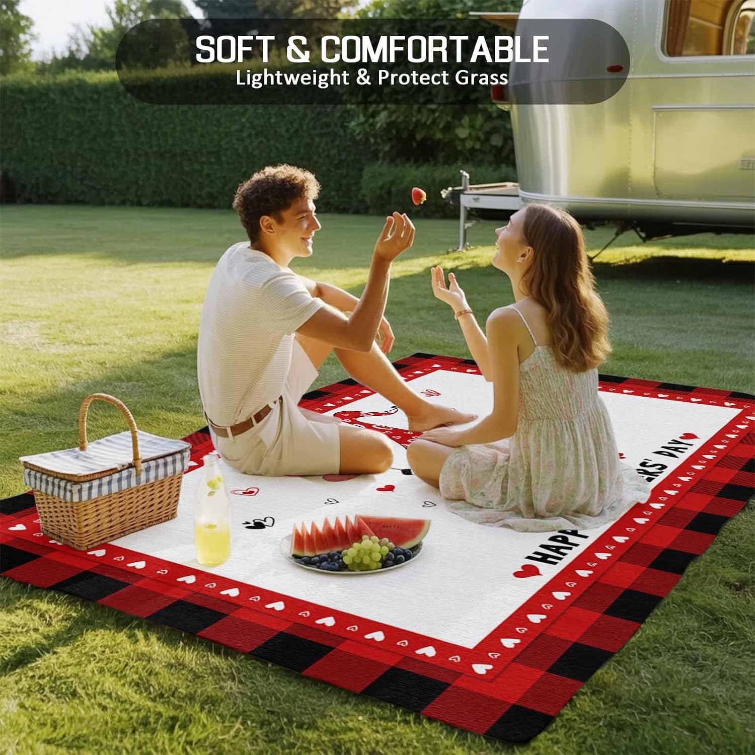 Outdoor Rug 4x6ft Mother's Day Carnation Dwarf Red Buffalo Check Patio Area Rugs Waterproof Easy Cleaning Non Shedding Thick Mats Black Carpet for Indoor Outdoor Porch Deck Backyard Balcony