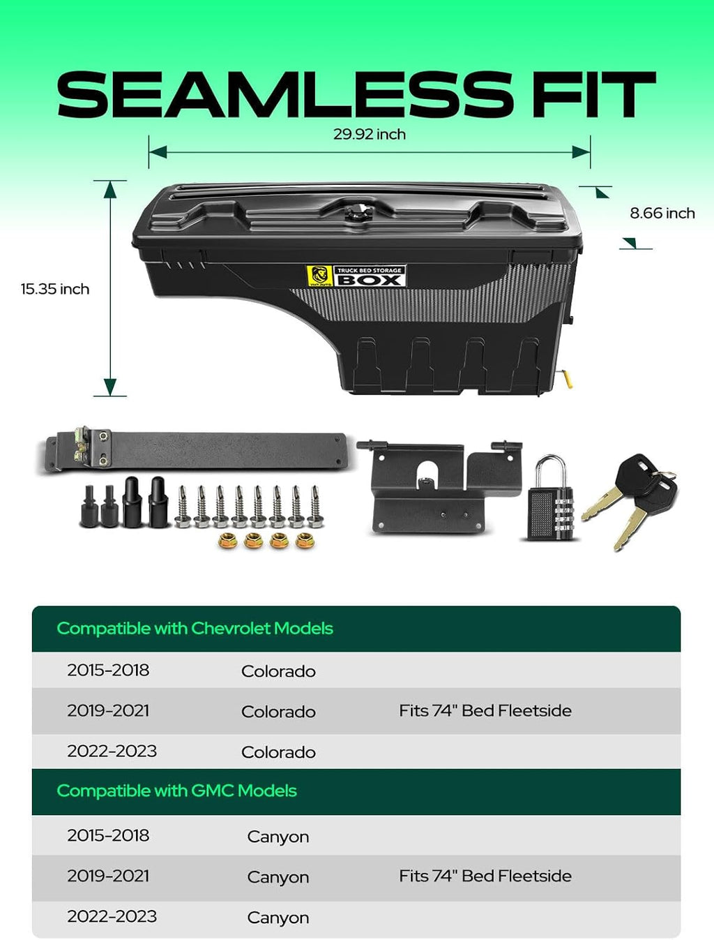 YHTAUTO Passenger Side Truck Bed Storage Tool box Compatible with 2015-2023 Chevrolet Colorado & GMC Canyon, 2019-2021 Fits 74' Bed, Lockable Swing Waterproof Wheel Well Toolbox