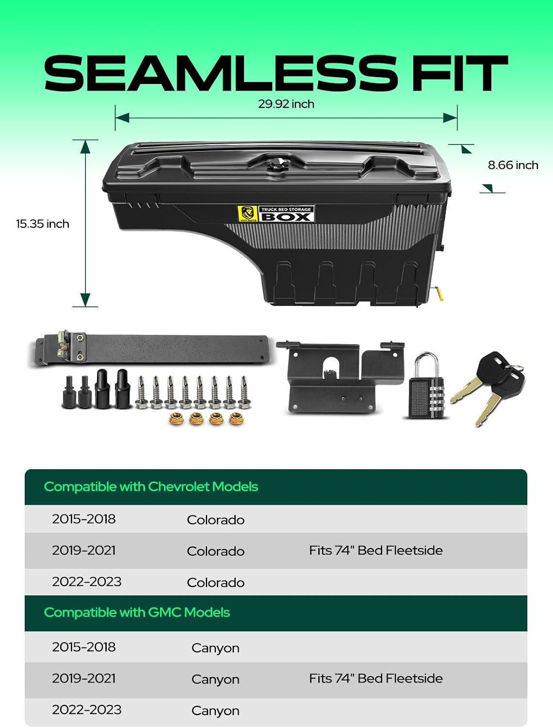 YHTAUTO Passenger Side Truck Bed Storage Tool box Compatible with 2015-2023 Chevrolet Colorado & GMC Canyon, 2019-2021 Fits 74' Bed, Lockable Swing Waterproof Wheel Well Toolbox