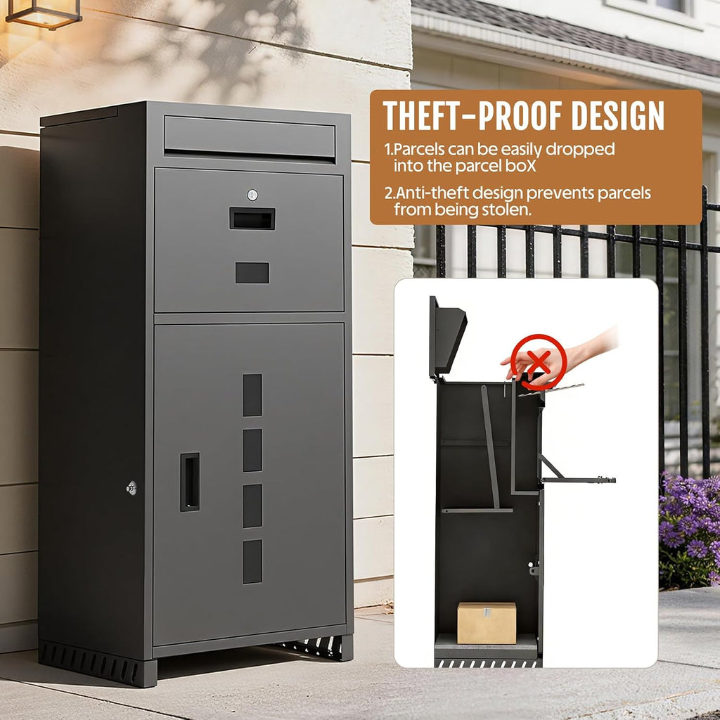 KAER Package Delivery Box for Outside with Visual Windows, 40.6' Large Parcel Drop Box with Raised Metal Feet (Keep Packages Dry), Anti-Theft Waterproof Grey Outdoor Lock Box for Porch, Yard, Home