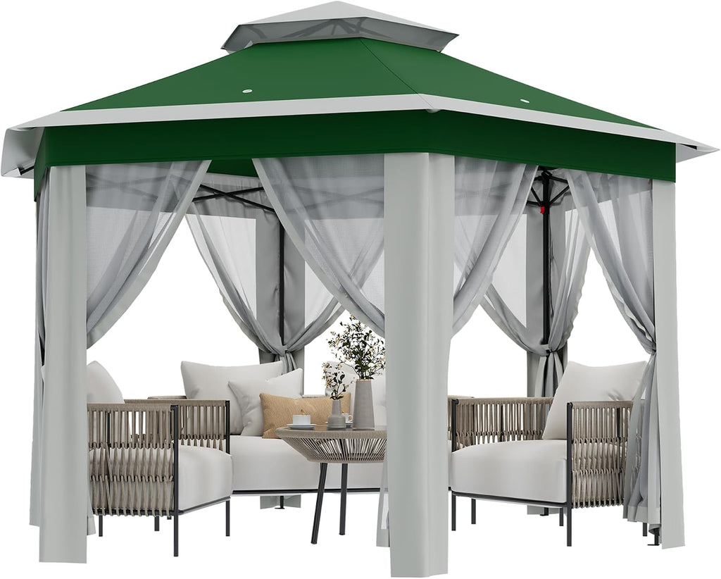 13X13 Pop Up Gazebo,Outdoor Canopy Tent with Mosquito Netting, Double Vented Roof Sun Shelter with Adjustable Heights,Outdoor Gazebo for Backyard & Patio Furniture.(Green with Beige-Hexagonal).