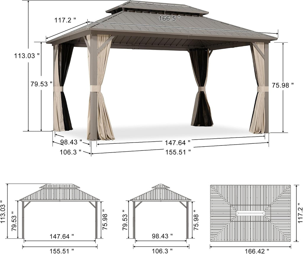 PURPLE LEAF 10' x 14' Outdoor Hardtop Gazebo, Champagne Aluminum Frame with Galvanized Steel Double Roof, Curtains and Netting for Patio Lawn and Garden