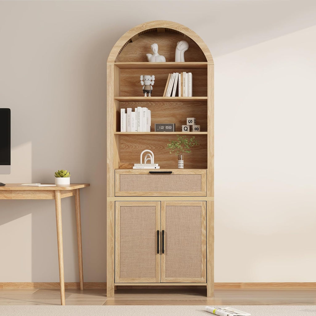 Janmer Home 79' Tall Arched Bookcase with Storage, Mid Century Modern 6-Tier Cabinet with Door, Arched Bookshelf with Open Display Shelf for Office Living Room (Natural, 79inch-Doors)