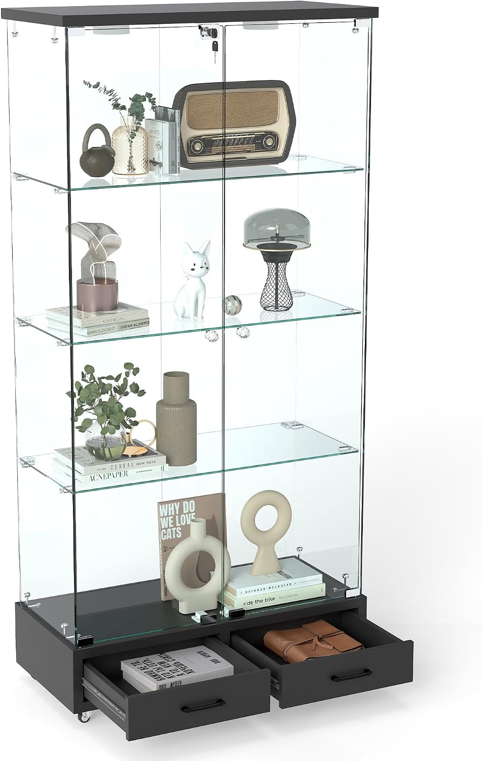 Modern Glass Display Cabinet with LED Light 4-Shelf Curio Cabinets with Storage Drawer and Wheels,Tempered Glass Display Shelf Bookcase for Living Room Home Office