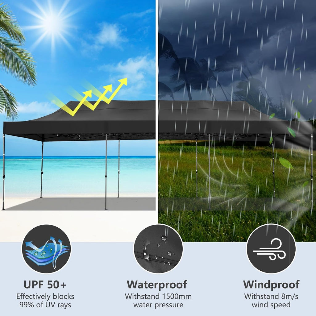 COBIZI 10x30 Heavy Duty Pop Up Canopy Tent – Commercial Grade, UPF 50+ UV Protection, Waterproof & Windproof, All-Season Outdoor Party Gazebo with Roller Bag, Black