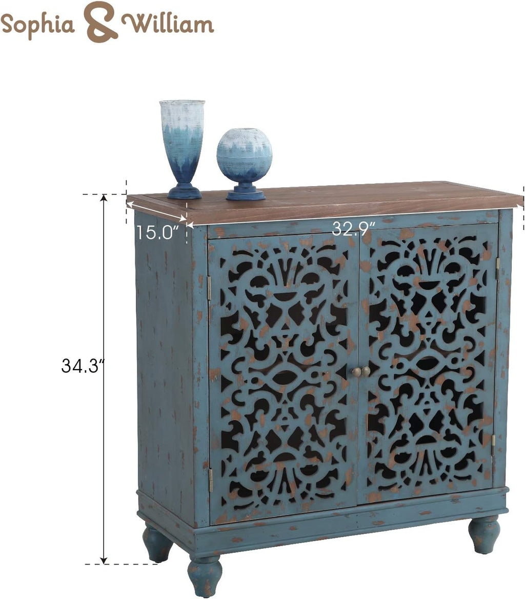 Sophia & William Accent Cabinet with 2 Doors, Distressed Storage Cabinet with Wood Frame and Hollow-Carved Door for Entryway Living Room, Blue