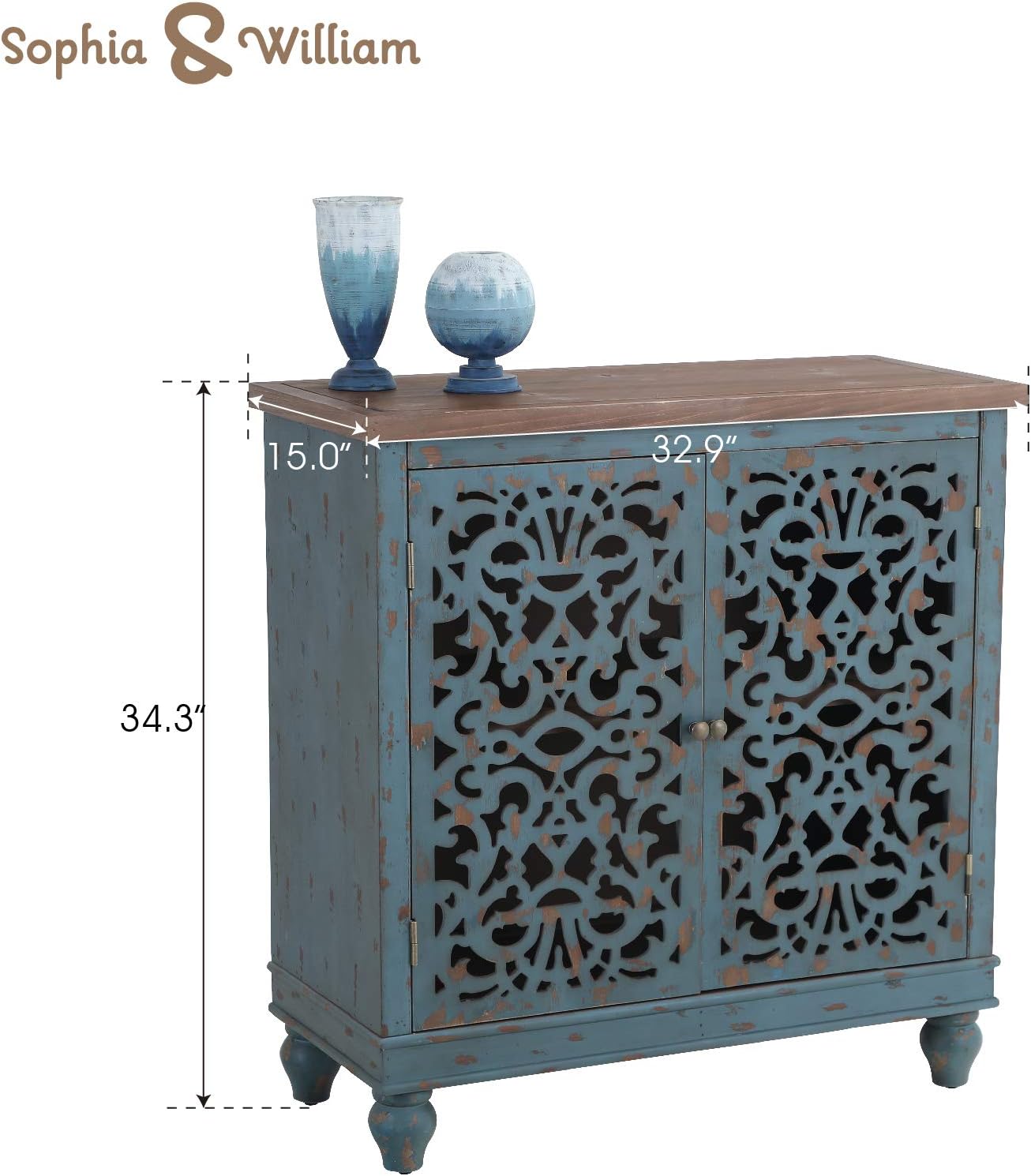 Sophia & William Accent Cabinet with 2 Doors, Distressed Storage Cabinet with Wood Frame and Hollow-Carved Door for Entryway Living Room, Blue