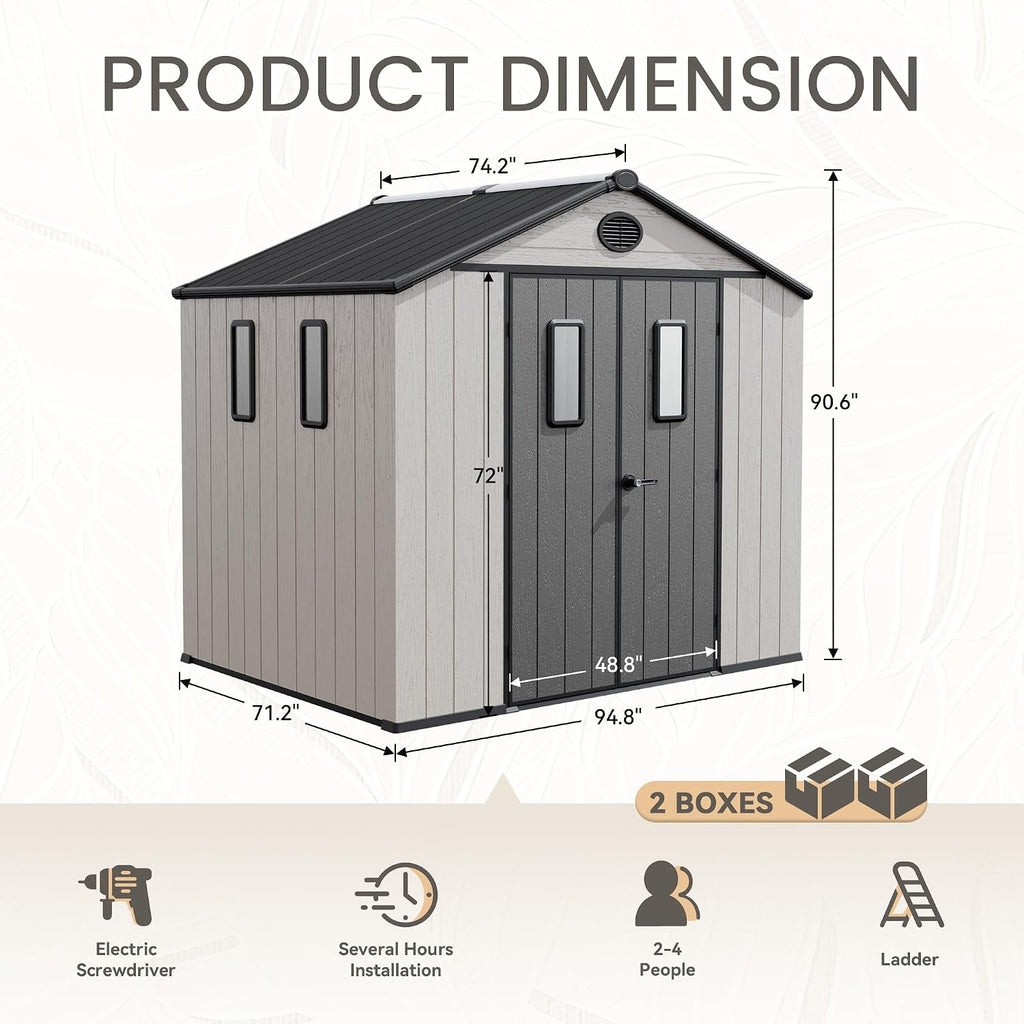 8 x 6 FT Plastic Outdoor Storage Shed with Floor,Garden Resin Shed with Window and Lockable Door, Outside Sheds for Bike, Garbage Can, Tool