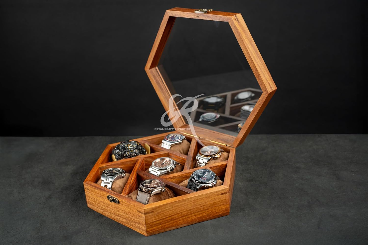 Royal Craft Expertise 7-Slot Honeycomb Wooden Watch Box – Handcrafted Indian Rosewood Timepiece Display Case | Unique Multipurpose Design with Glass Lid – Luxury Gift for Him