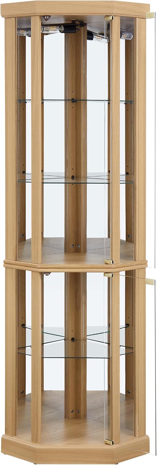 Ball & Cast 70' H Lighted Corner Curio Cabinet, Glass Display Cabinet with 5 Tempered Adjustable Glass Shelves and Doors,Include Light Bulb, Rack for Living Room,Light Oak
