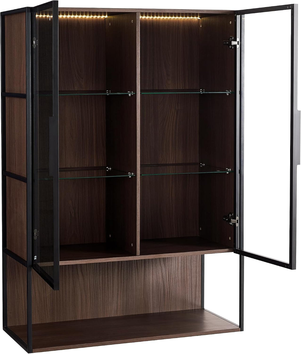 Glass Display Cabinet,51.2'' Tall Lighted with Tempered Glass Door, Metal Frame LED Curio Cabinet, Modern Minimalist Style, for Living Room, Office, Study, Black + Dark Walnut