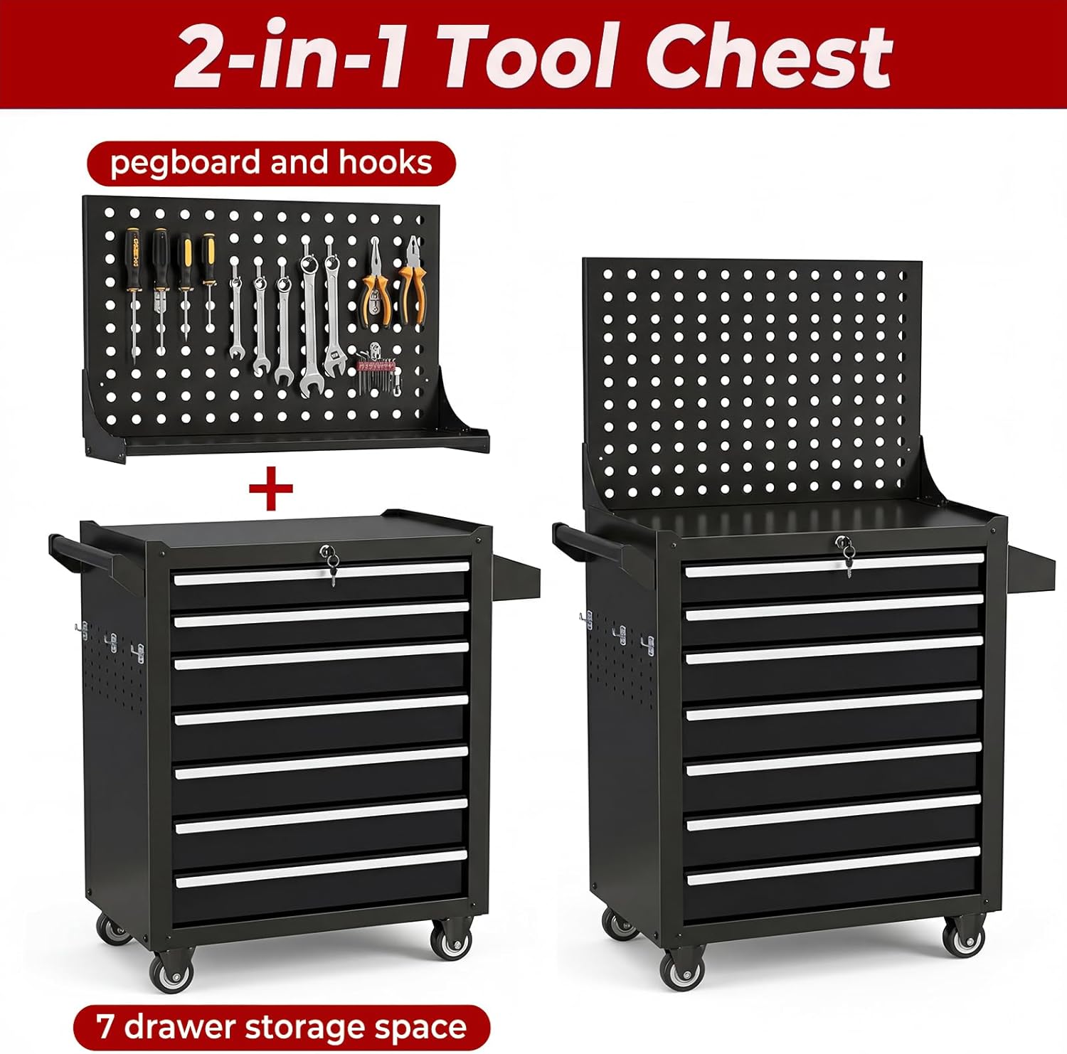 7 Drawers Rolling Tool Chest, Metal Tool Box with Wheels & Lock, Tool Drawers Garage Tool Storage Cabinets Organizer Rolling Cart Toolbox on Wheels for Garage, Workshop, Repair Shop(Assembly Required)