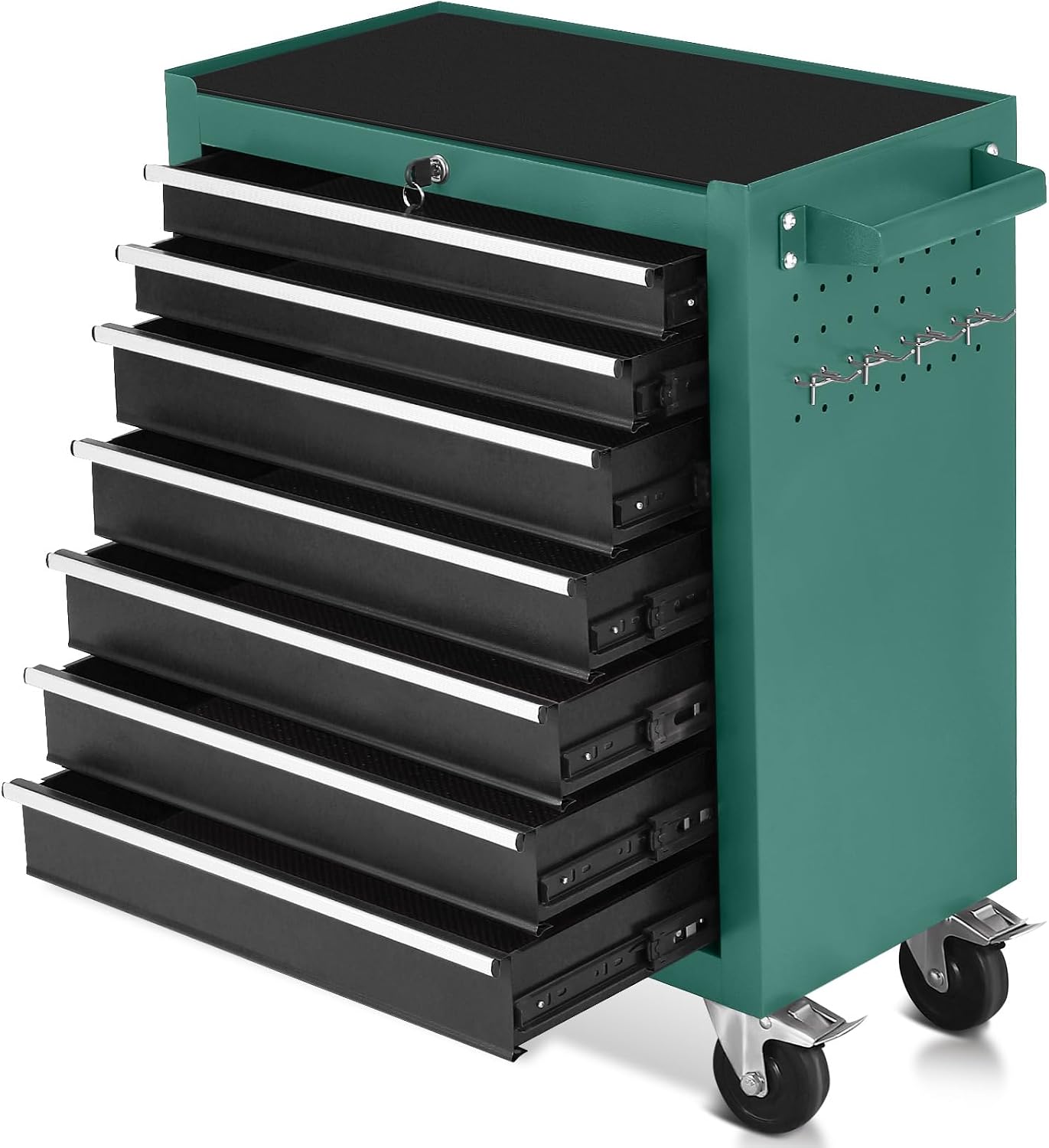 7-Drawer Rolling Tool Chest with Wheels,Tool Cabinet on Wheels with Keyed Locking,Multifunctional Tool Cart on Wheels,Tool Storage Organizer Cabinets for Garage,Warehouse, Repair Shop (Black Green)
