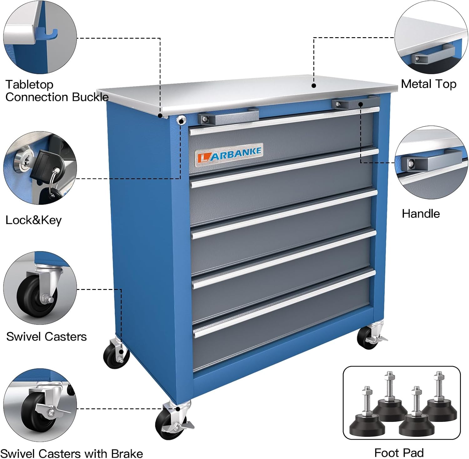 LARBANKE Combination 12-Drawer Tool Chest with Stainless Steel Countertop,7 Drawer 5 Drawer Tool Chest for Connected Use,Locking System Tool Storage Cabinet with Wheels and Padded Feet