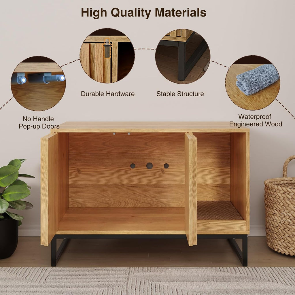 Halitaa Litter Box Enclosure, Modern Cat Litter Box Enclosure Furniture Hidden Litter Box with Scratch Pad, Cat Washroom House End Table, Entryway Bench for Livingroom (Natural)