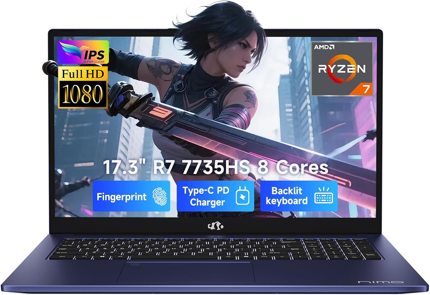 NIMO 17.3' Laptop, AMD Ryzen 7 7735HS (8C/16T, up to 4.75GHz), 16GB DDR5 RAM, 512GB PCIe 4.0 SSD, 100W PD Fast Charging, FHD Anti-Glare Display, Fingerprint, Backlit KB w/Numpad, WiFi 6, Win 11