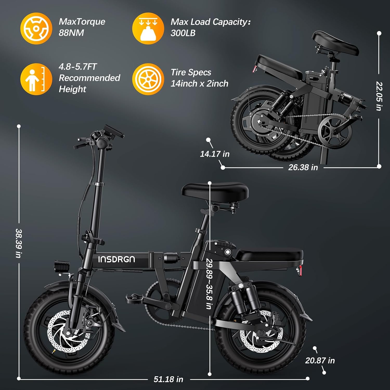 INSDRGN 14' Folding Electric Bike for Adults, Peak 1500W Motor,20MPH Max Speed,48V 16Ah Removable Battery Electric Bike, 35/62Miles Max Range, UL 2849 Certified E Bike