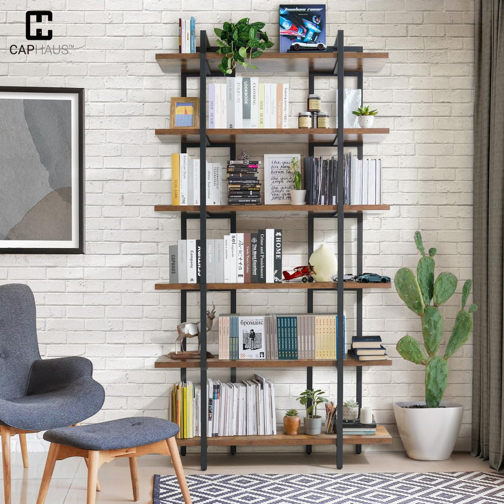 CAPHAUS 6-Tier Book Shelf, 86' H Vintage Industrial Bookcase with Open Display Shelving, Wooden and Metal Shelving Unit, Bookshelves and Bookcases, Stand Shelf for Bedroom, Home Office, Rustic Oak
