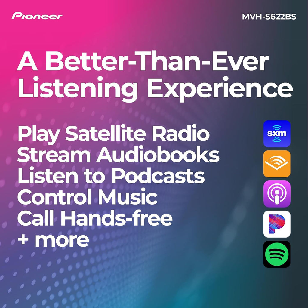 Pioneer MVH-S622BS Double Din Digital Media Receiver – Bluetooth, SiriusXM, Color Change, USB, FLAC, Voice Control, 50W x 4 Output, 13-Band EQ, AM/FM Radio, Hi-Volt RCA Preouts