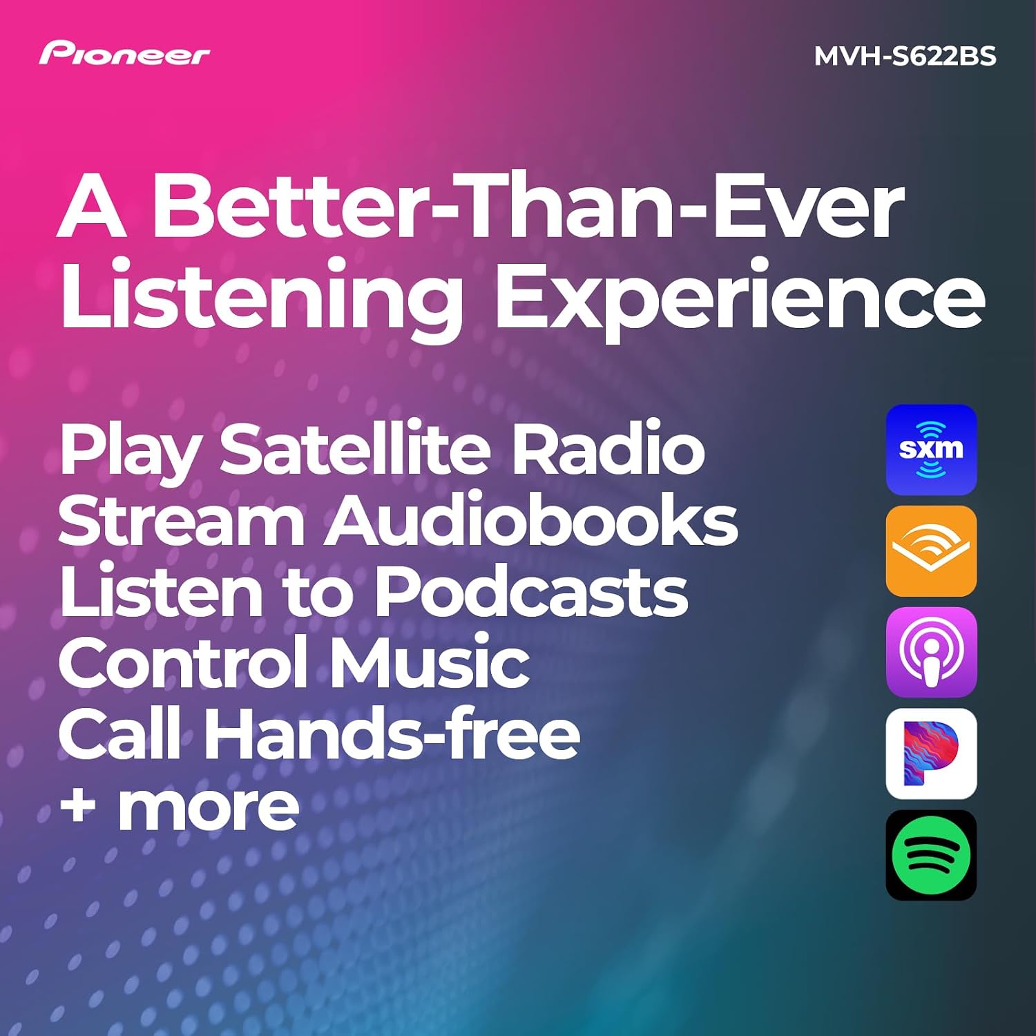 Pioneer MVH-S622BS Double Din Digital Media Receiver – Bluetooth, SiriusXM, Color Change, USB, FLAC, Voice Control, 50W x 4 Output, 13-Band EQ, AM/FM Radio, Hi-Volt RCA Preouts