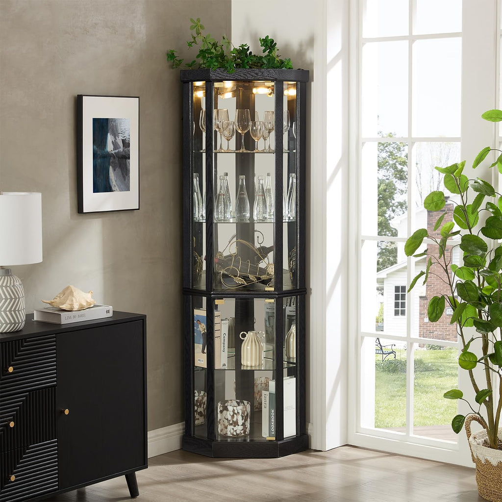 69' H Lighted Corner Display Cabinet, 5-Tier Wooden Curio Glass Cabinet with Adjustable Shelves & Glass Door, Corner Storage Display Case with Mirrored Back Pane for Living Room (Black)