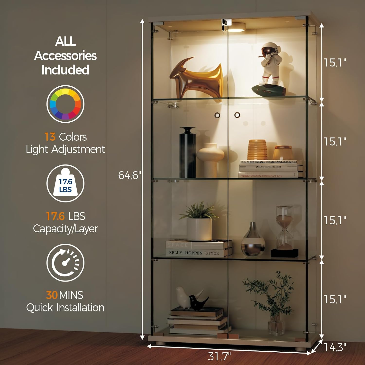4-Tier 64.6h' Tempered Glass Display Cabinet (White) - Full-Glass Curio Case with 13-Color LED Lights & Human Body Sensor, 17.6LBS/Layer Capacity, Quick-Install Storage for Collectibles & Decor