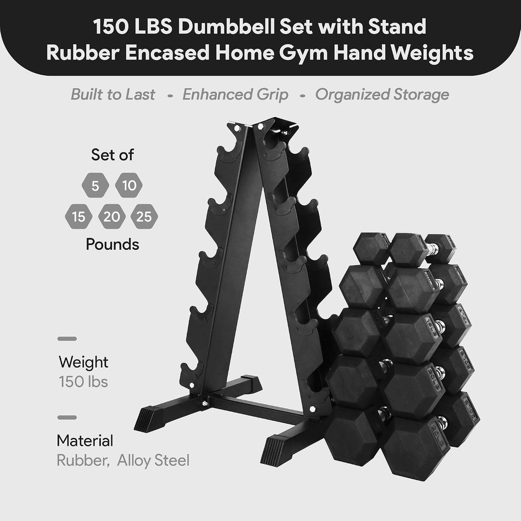 BalanceFrom Rubber Coated Hex Dumbbell Weight Set with Storage Rack, 100LB or 150LB or 200LB Set, 5-20 lbs or 5-25 lbs or 10-30 lbs Pairs