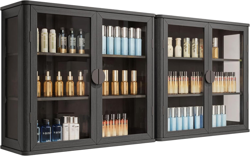 FIMELLO 56''W Wall Cabinet with Tempered Glass Doors, Bathroom Cabinet Wall Mount, Kitchen Wall Cabinet, Floating Cabinet for Bathroom, Wall Mount Salon Station for Barber, Beauty, Black