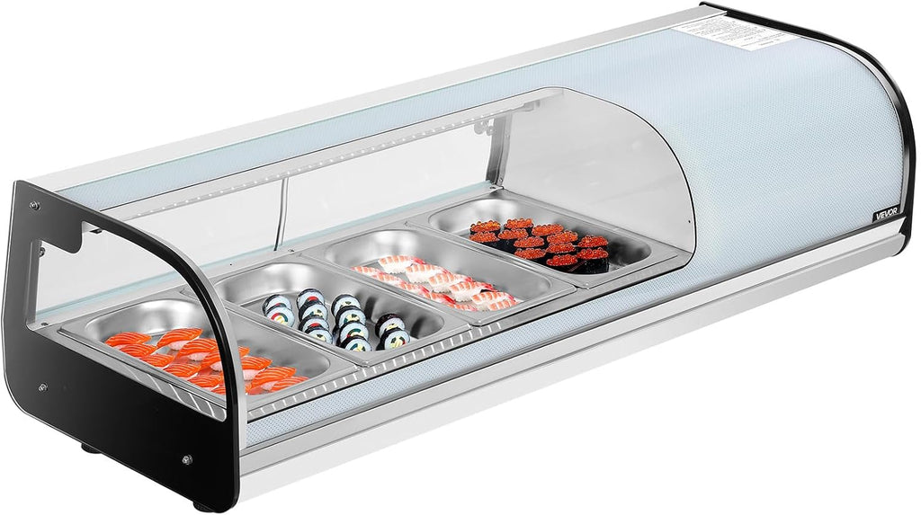 VEVOR Sushi Display Case Refrigerator, 1.5 Cu.ft Commercial Sushi Case, 4-Pan Countertop Showcase with Curved Glass, LED Lighting, and Digital Temperature Control, for Sushi-Bar, Restaurant, Store