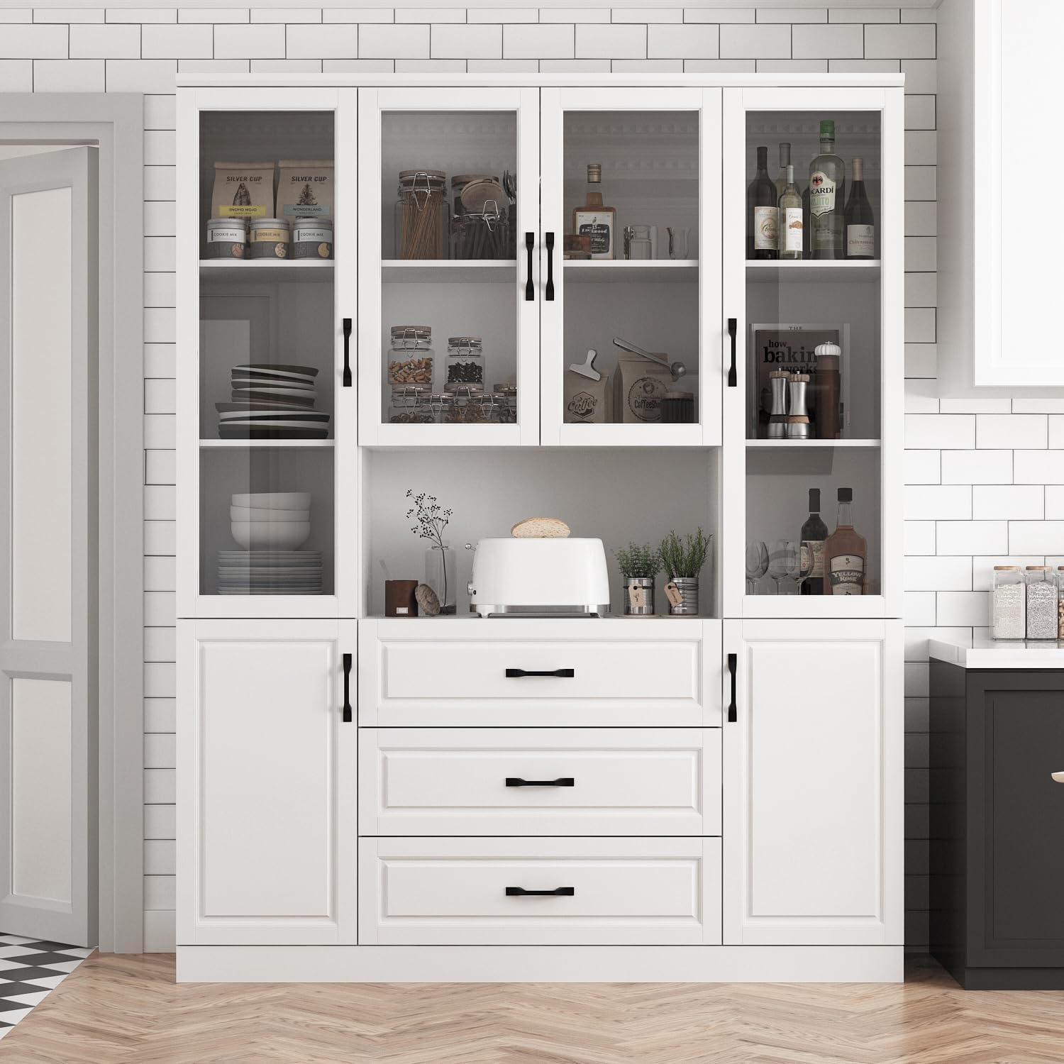 Tall Bookshelf with Glass Doors & Drawers, Large Storage Cabinet Home Office Bookcase with Doors & Shelves, Glass Display Cabinet for Living Room, White (63' W x 15.7' D x 78.9' H)