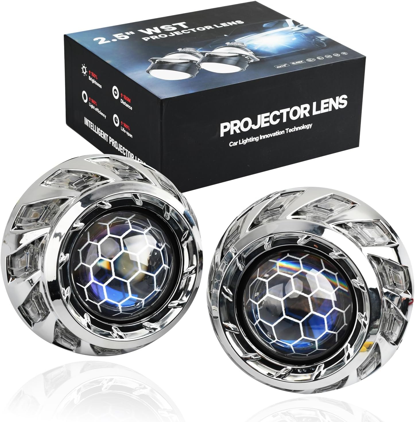 2.5inch Honeycomb Bi LED Projector Lenses with White Angel Eyes Shroud Decoration-70W 20,000LM 6000K White Sharp Cut off Line No Blind Oncoming Car Upgrade Projector Lens