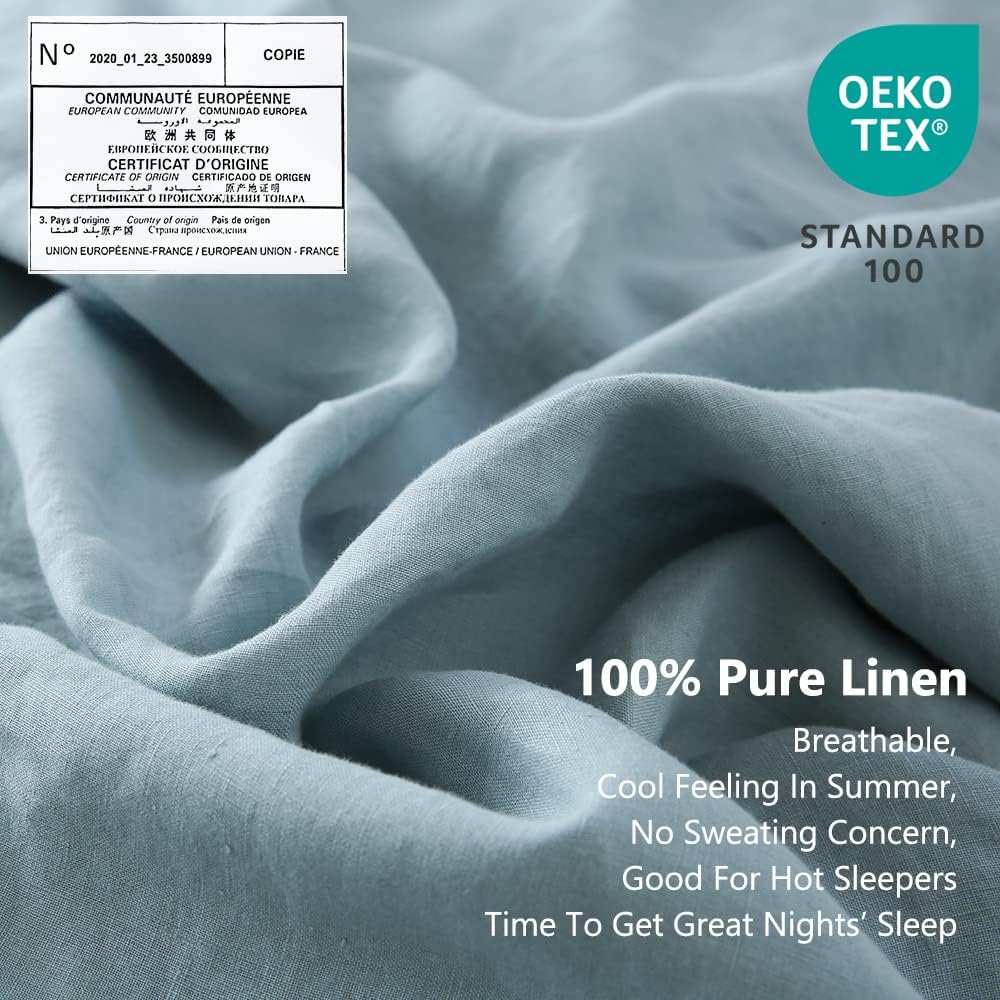 Simple&Opulence 100% Linen Sheet Set with Embroidery Washed - 4 Pieces (1 Flat Sheet & 1 Fitted Sheet & 2 Pillowcases) Natural Flax Soft Bedding Breathable Farmhouse - Dusty Blue, King Size