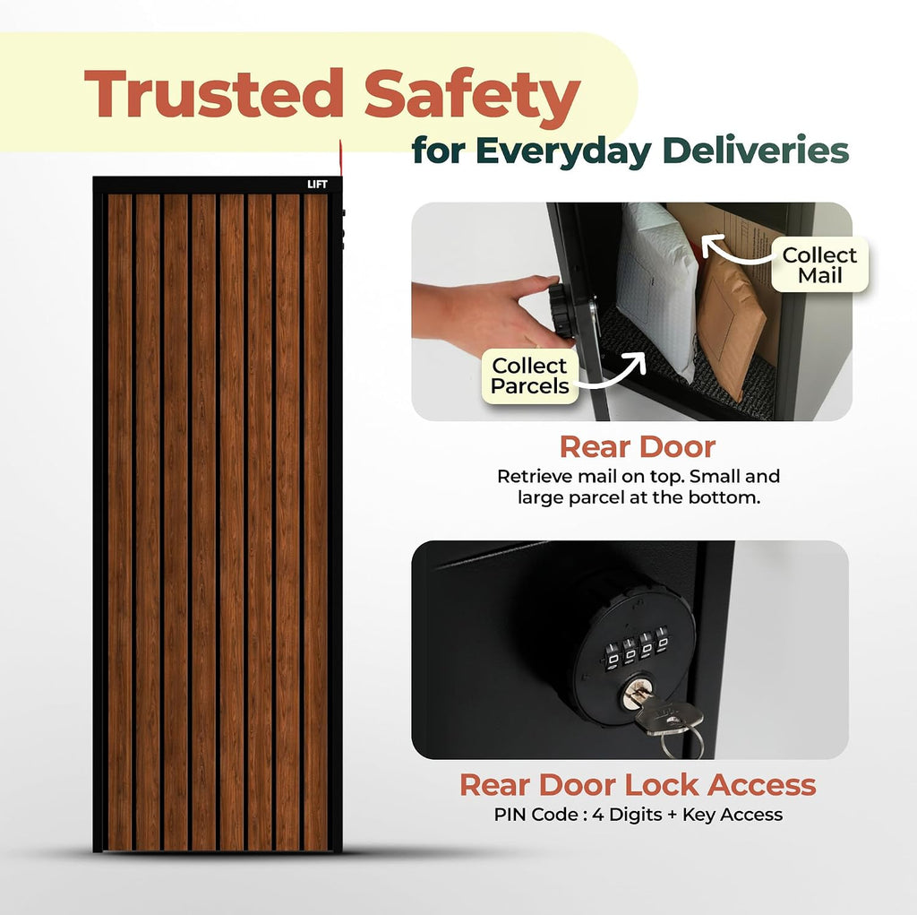 Aspen USPS Compatible Mailbox, Classic Black/Walnut Package Mailbox, Anti-Theft Locking Parcel Drop Box for Porch, Large Mailbox for Packages, Weather-Sealed Powder Coated Steel
