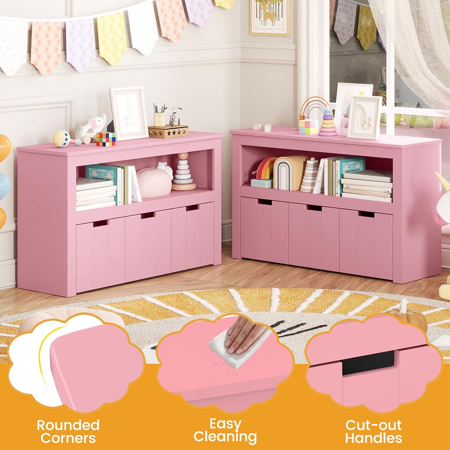 HONEY JOY Kids Toy Storage Organizer, Children Daycare Shelf, 3 Wooden Toy Box w/Wheels, Toddler Classroom Display Cabinet for Playroom, Nursery, Kindergarten (Pink)