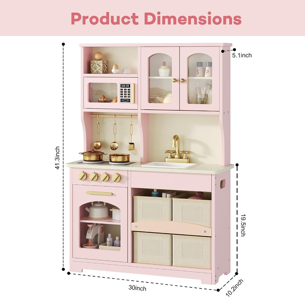 knoworld Play Kitchen for Kids, Wooden Toy Kitchen Set with Smart Storage & Accessories, Toddler Kitchen Playset with Stove & Oven, Pretend Play Set, Gift for Ages 3-8, Pink