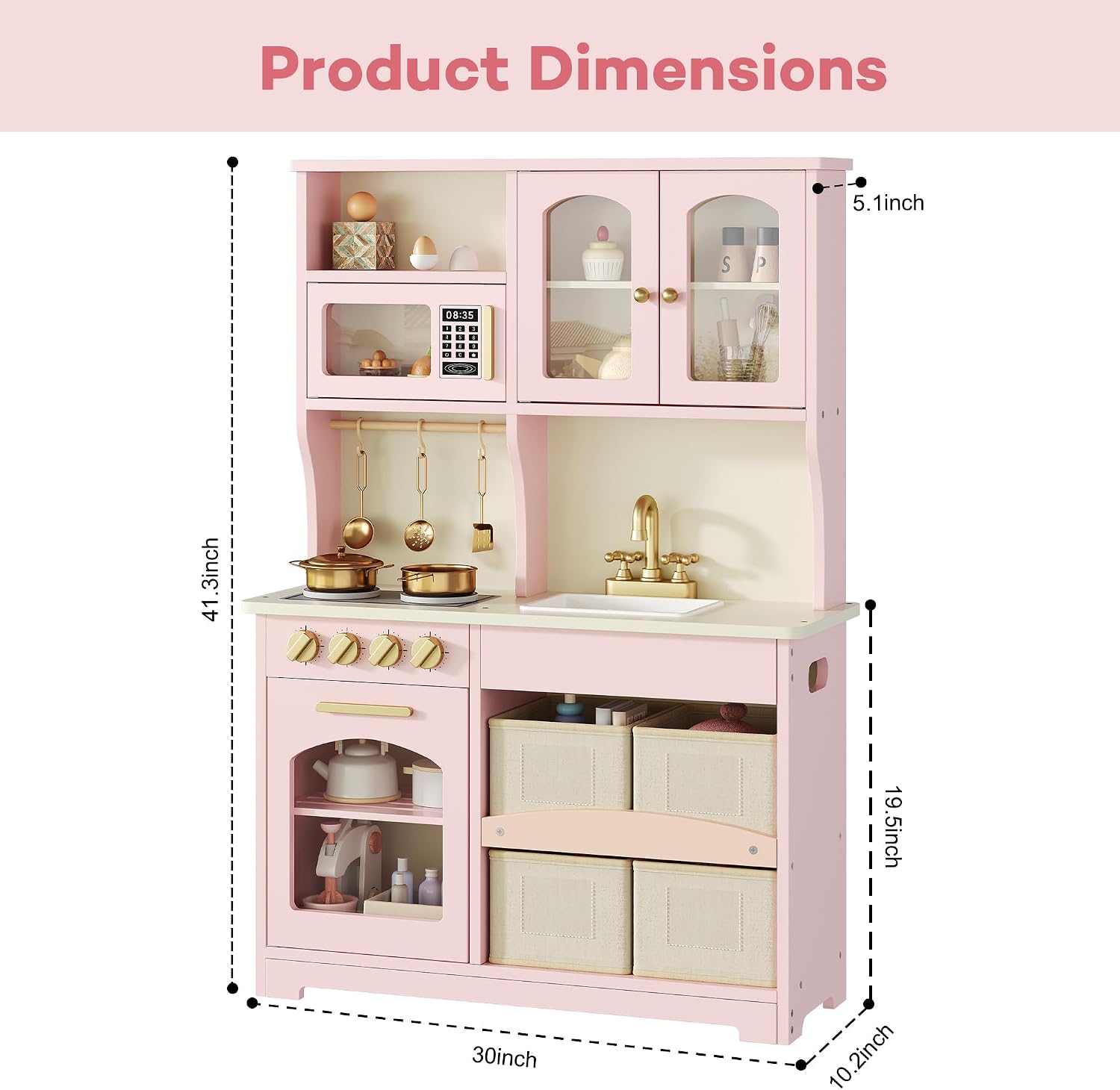 knoworld Play Kitchen for Kids, Wooden Toy Kitchen Set with Smart Storage & Accessories, Toddler Kitchen Playset with Stove & Oven, Pretend Play Set, Gift for Ages 3-8, Pink