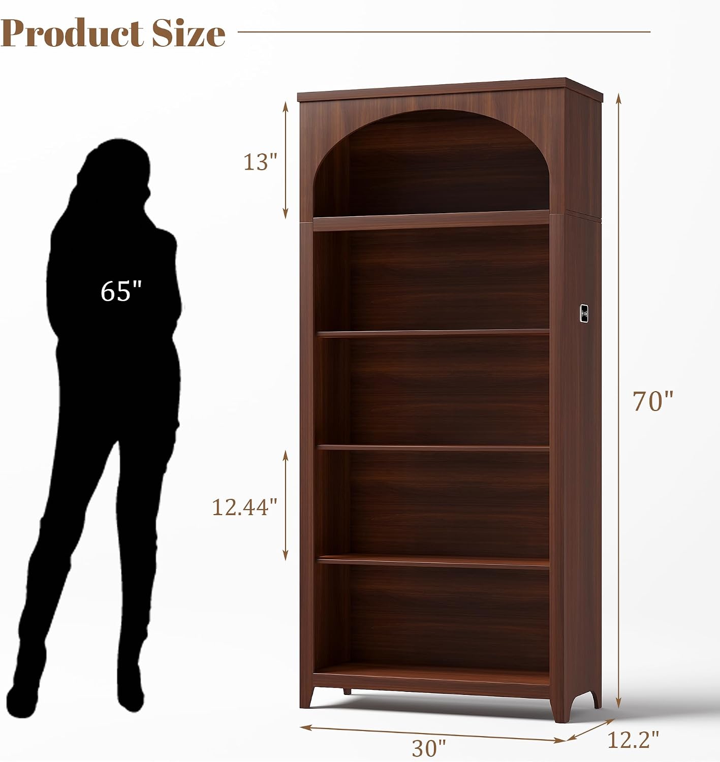 5-Tier LED Arched Bookshelf with Lights - 70'' Tall Bookcase with Storage, Floor Standing Modern Display Shelf for Living Room, Office, Study Room, Entryway, Ideal Gift, Walnut