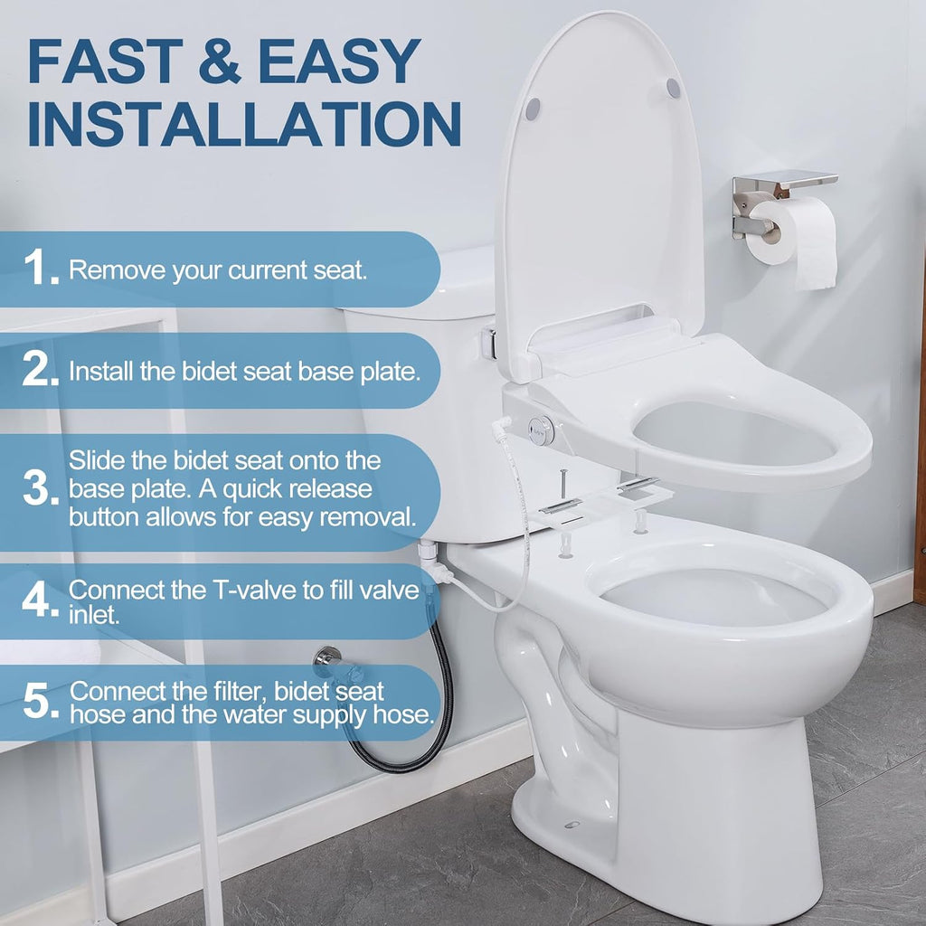 Electric Bidet Toilet Seat, Elongated, Warm Water with Air Dryer, Heated Seat and Slow Close Lid, Front and Rear Wash, LED Nightlight, Wireless Remote, White, 101