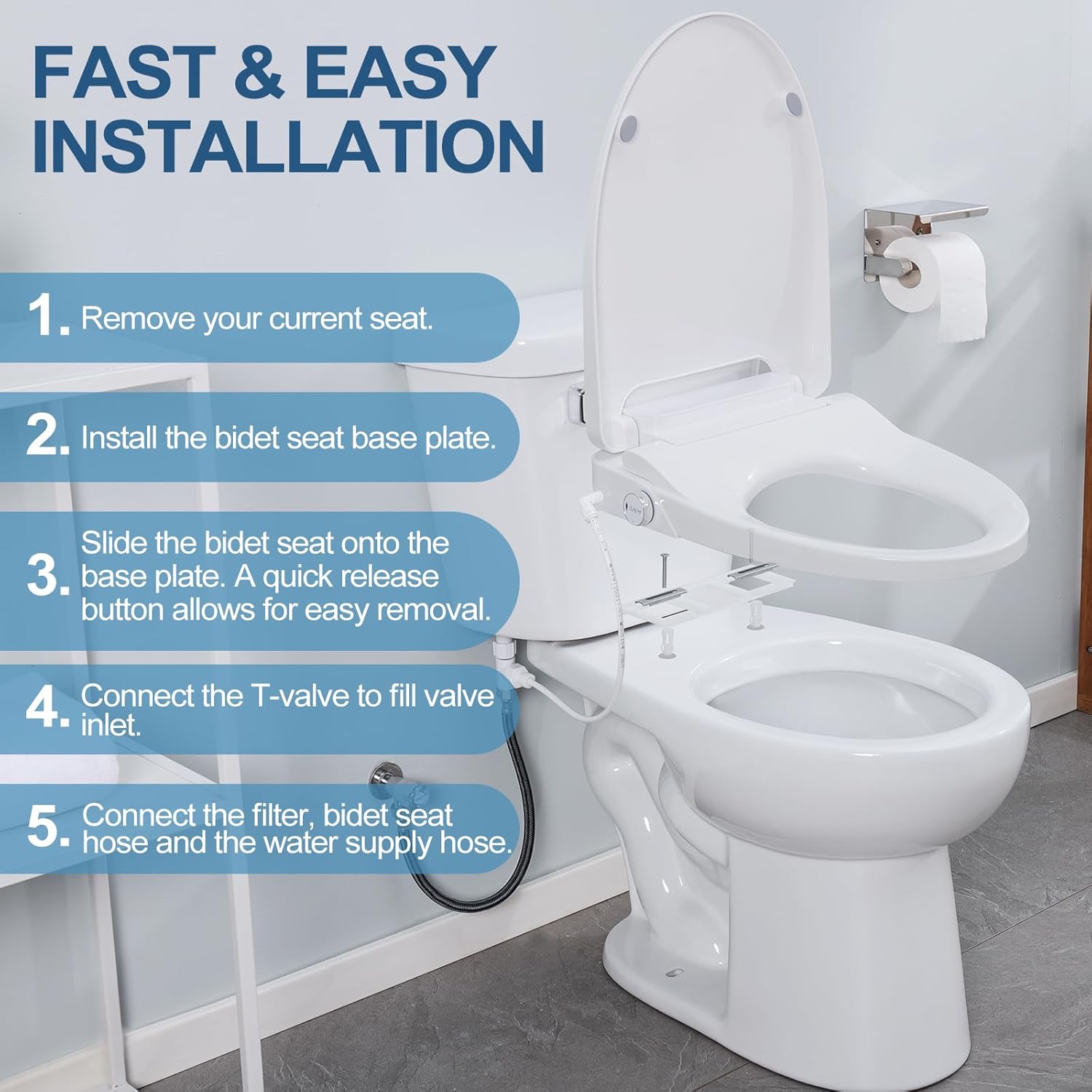 Electric Bidet Toilet Seat, Round, Warm Water with Air Dryer, Heated Seat and Slow Close Lid, Front and Rear Wash, LED Nightlight, Wireless Remote, White, 101D