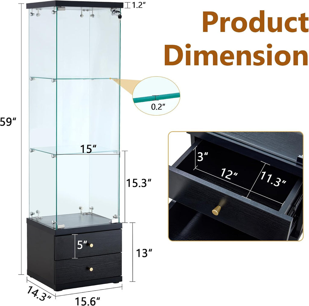Modern Glass Display Cabinet 3-Shelf Curio Cabinets with 2 Storage Drawers,Tempered Glass Collection Display Showcase for Living Room Home Office,Black