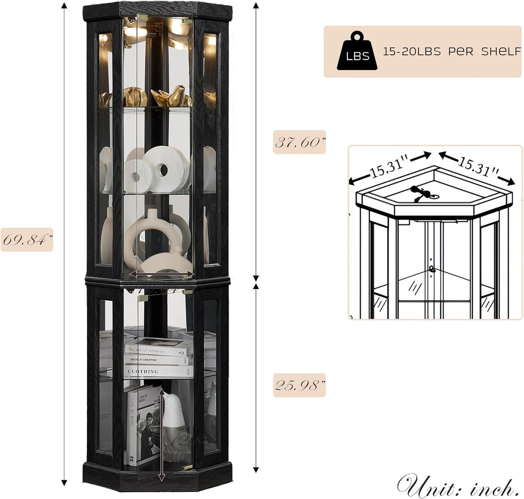 Corner Curio Cabinet, 70' H Lighted Glass Display Cage with Tempered Glass Doors and Adjustable Shelves, Bulb Inclued, Wine Bar China Cabinet for Living Room Liquor Storage (Black)