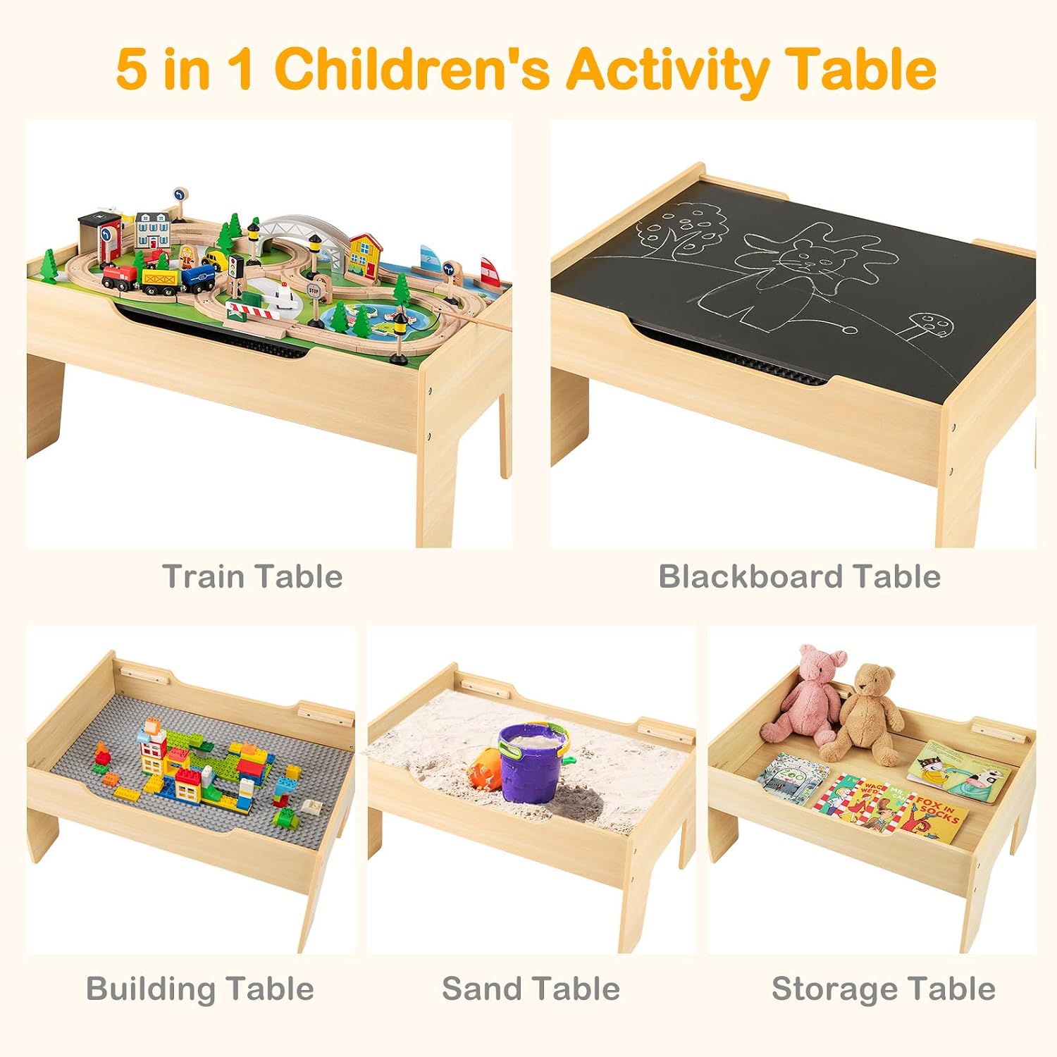 INFANS Train Table with Storage, 78 Pieces Wooden Kids Activity Toy Table Playset with Reversible Detachable Tabletop, Tracks, Train, Railway, City, Gift for Toddler Boys Girls Ages 3+