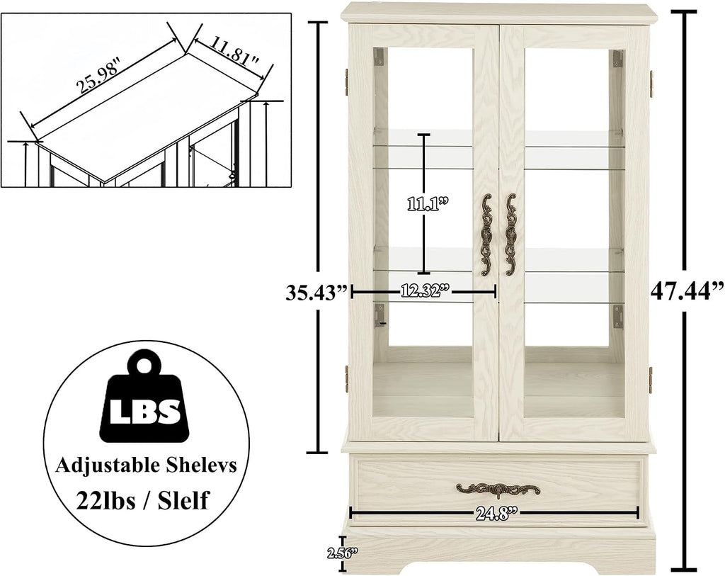 47' H Lighted Curio Cabinet Display Case, Glass Case with Adjustable Shelves,Tempered Glass Door and Drawer, Wooden Curio Cabinet with Mirrored Back Pane for Living Room (Antique White)