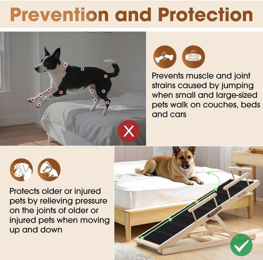 Dog Ramp for Bed - 52.9' Long Adjustable 12' to 28' Wooden Pet Ramp for Small Large Older Dogs - Dog Ramps for High Beds Couch Car - Dog Steps with High Traction Mat & Safety Side Rails Up to 250LB