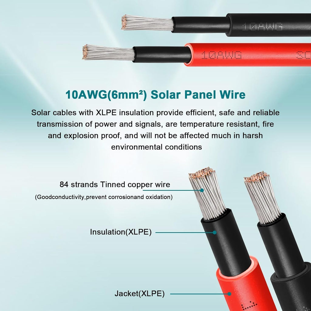 10AWG Solar Wire 6mm², 2 Pack 150FT Red & Black Solar Panel Cable, 84 Strands Tinned Copper, XLPE Insulated Outdoor Wire for PV Systems, Inverter, Battery, RV, Car, Boat – Fire & UV Resistant